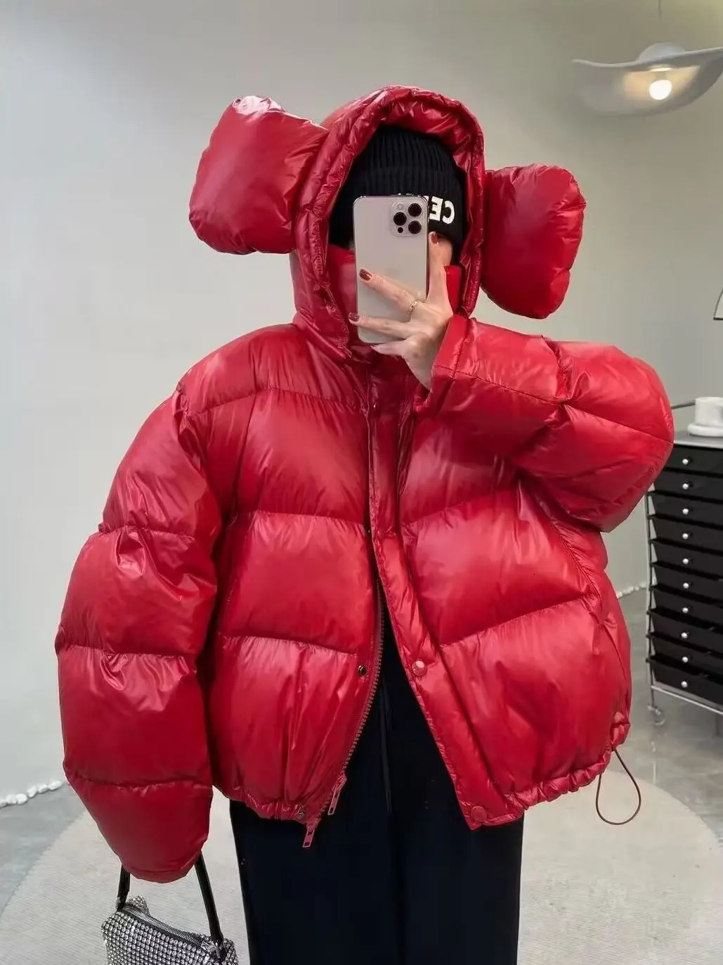 2023 Womens Winter Big Ears Hooded Short Parkas Thick Warm Down Cotton Jacket Cold Coat Fashion Baggy Casual Puffer Jackets 240930