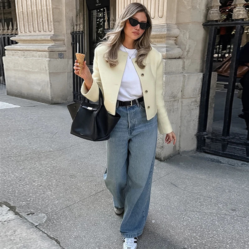 MSCSZ crop coarse woolen jacket womens round neck single chest elegant jacket autumn fashion short jacket jacket 240930