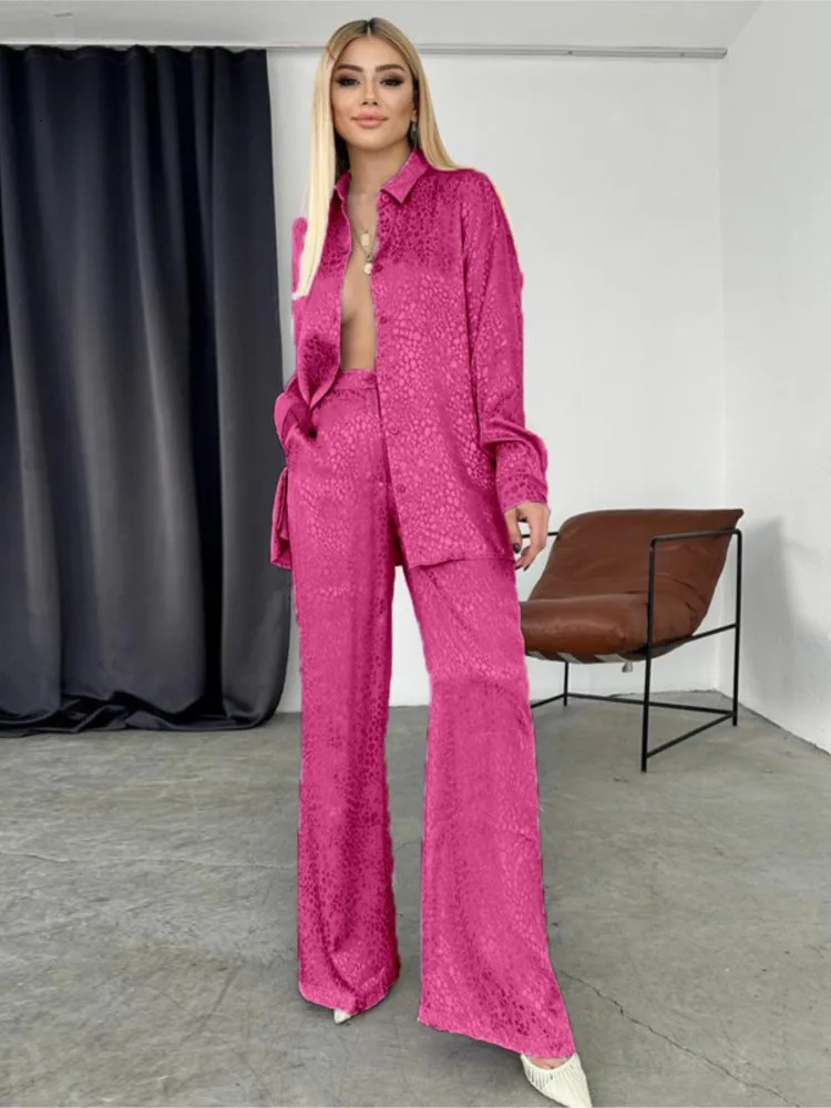 elegant set womens long sleeved shirt leopard print womens fashionable casual two-piece set autumn wide leg pants two-piece set 240930