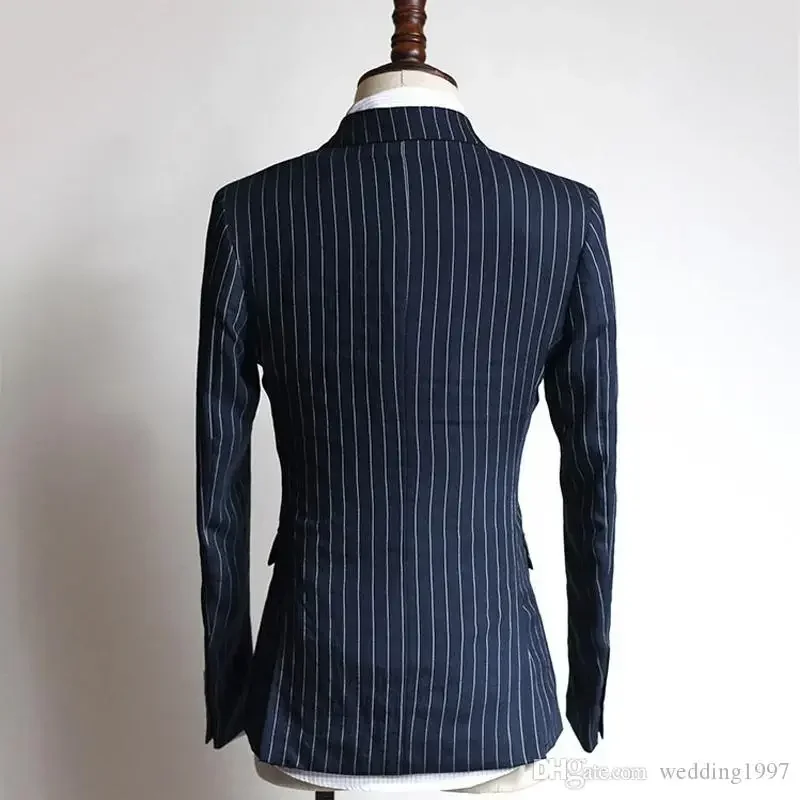Stripe Formal Men Suits for Business 2024 Double Breasted Peak Lapel Groom Wedding Tuxedo 2 Pcs Navy Blue Fashion (Jacket+Pants)