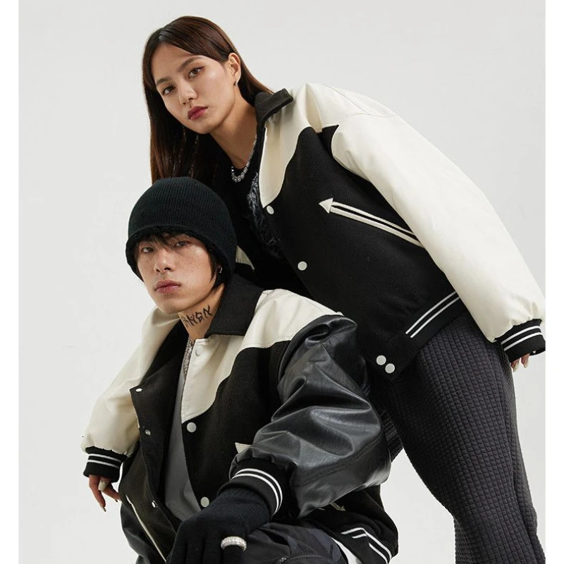 Mens baseball jacket retro patch work PU sleeves high street spring coat loose autumn racing motorcycle 241011