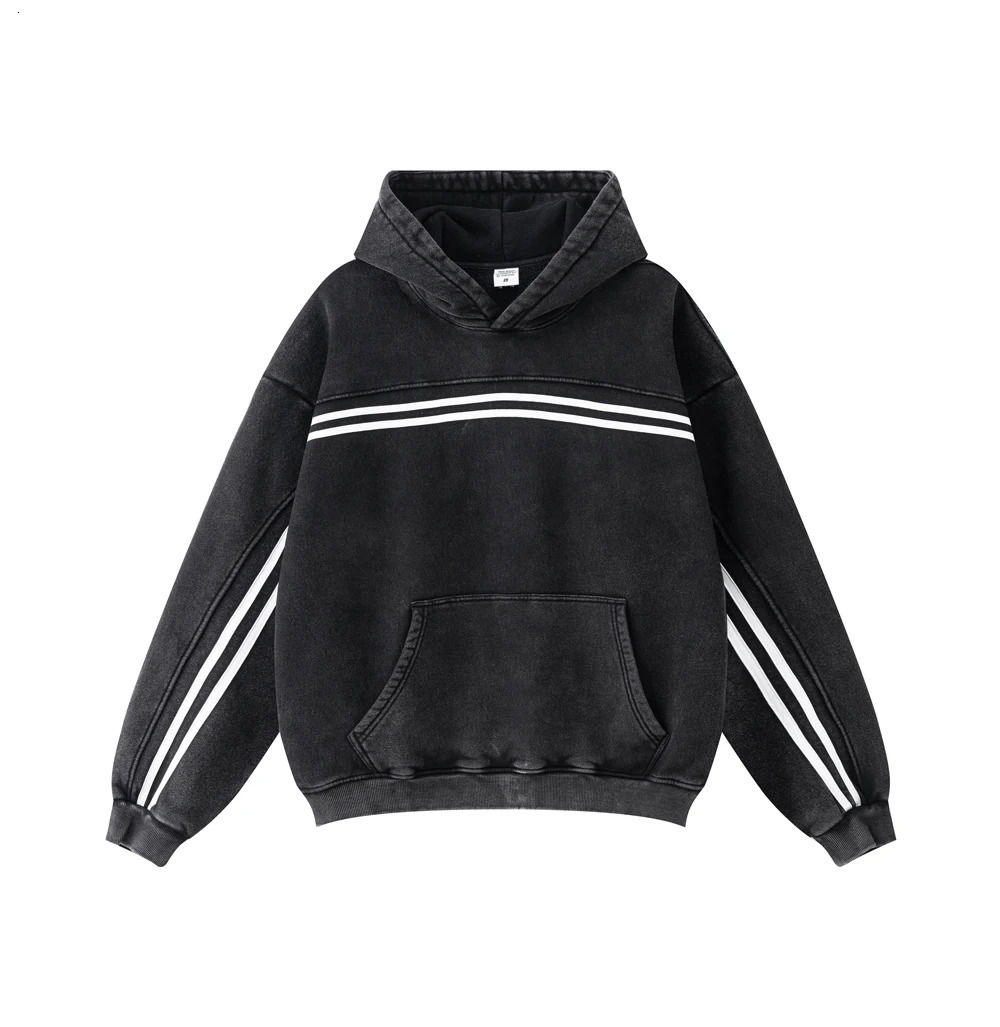 Striped hoodie fleece black grey hooded 241011
