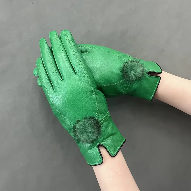 Womens genuine leather gloves real mink fur fluffy sheepskin 241009