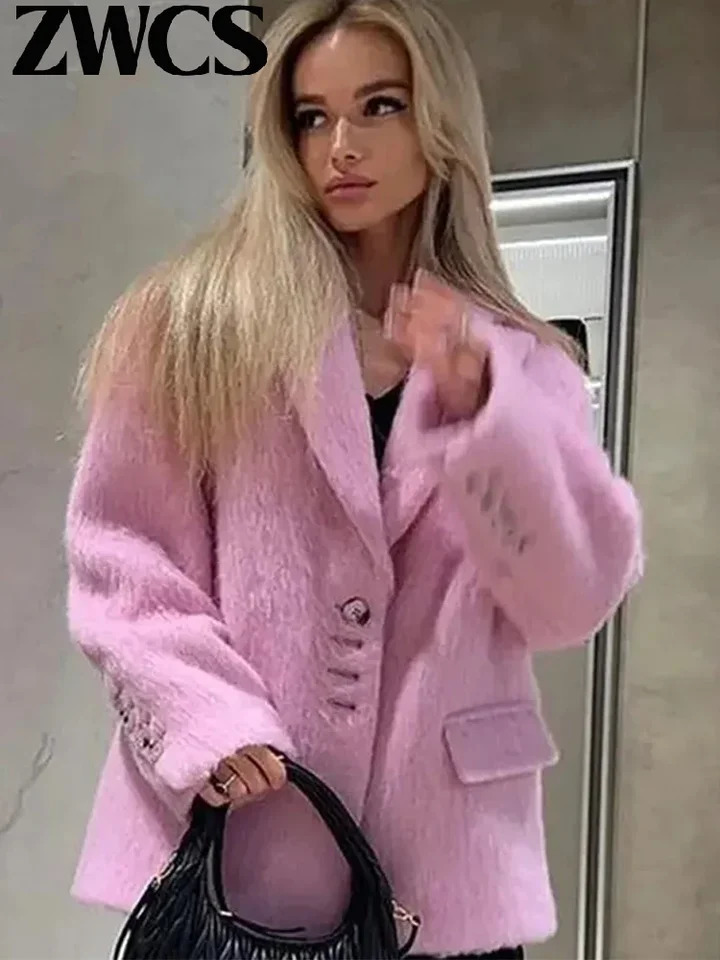 Womens Elegant Wool Coat Turn Down Collar Single Breasted Pink Long Sleeve Thicken Jackets Ladies 2024 Loose Outwear 241011