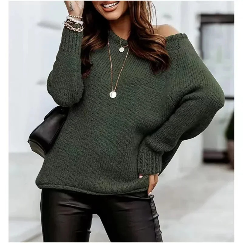 2024 Women Sweater Jumper Long Sleeve Off Shoulder Pullover Sweater Autumn Winter Solid Color O-Neck Knitted Top Elegant Chic 241010