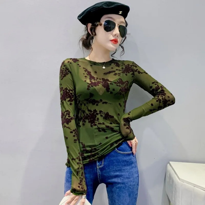 #7943 Khaki Green Skinny Perspective Mesh T Shirt Women Sexy Tshirt Femme Thin Long Sleeve Woman Oneck 241011