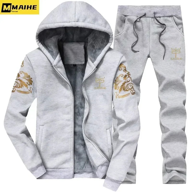 9XL Plus Thick Pant Sets Mens Casual Tracksuit Winter Wool-lined Warm Hoodie Sweatpants 2-piece Track Suit Mens Clothing 241011