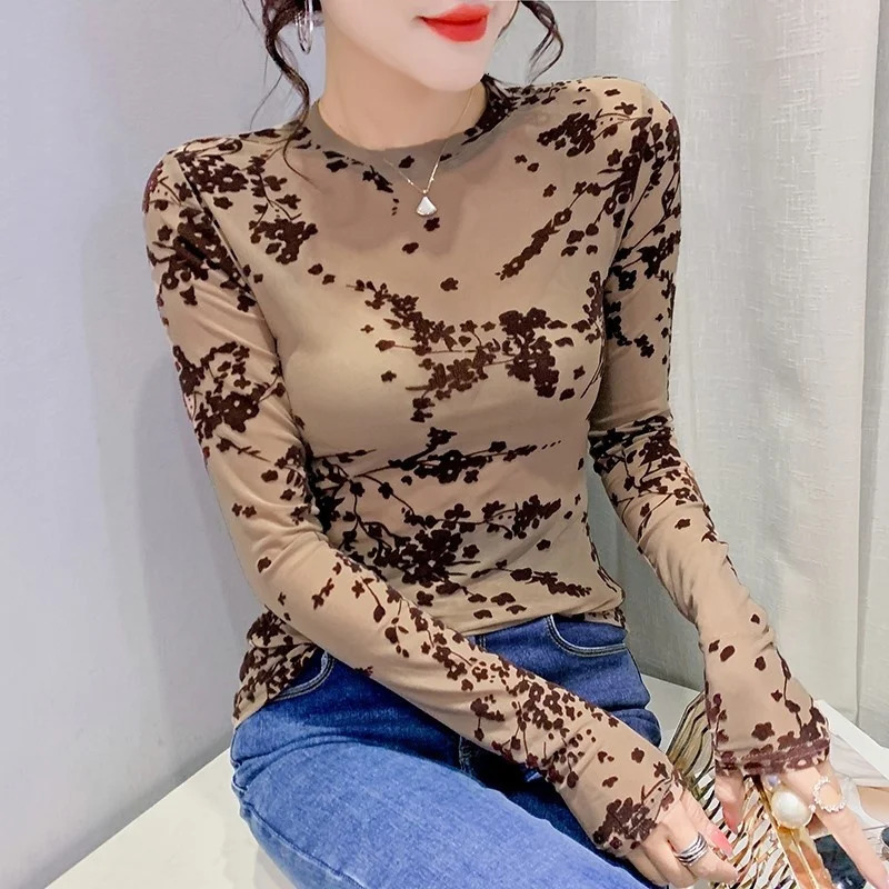 #7943 Khaki Green Skinny Perspective Mesh T Shirt Women Sexy Tshirt Femme Thin Long Sleeve Woman Oneck 241011