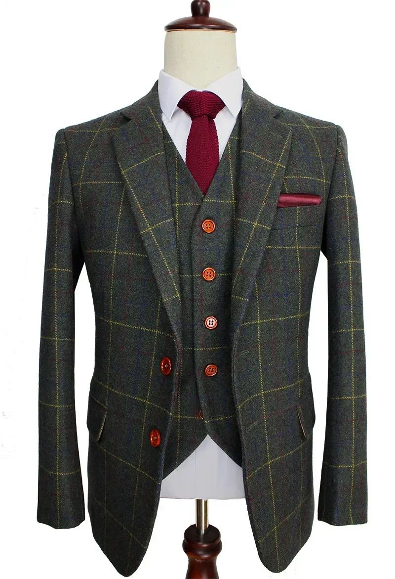 Wool Tweed Men Suits For Wedding Green Slim Fit Groom Tuxedo Male Fashion Costume 3 Pcs Jacket Pants Vest 2024