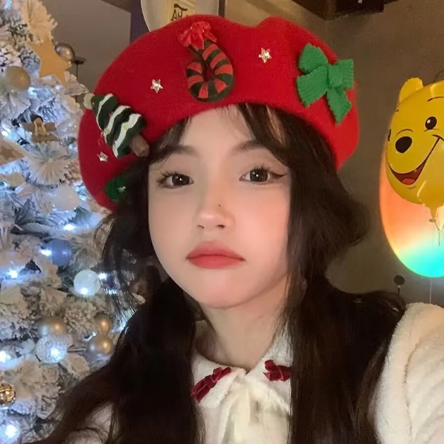 Fashion Hat Y2k Holiday Millennium Sweet Sister Winter Warm Wool Tweed Beret Cap Women Christmas Red Painter Party 241009