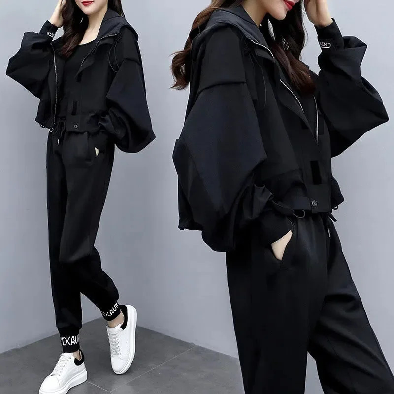 Womens track and field outfit Korean elegant hoodie zipper jacket sports pants twopiece set springsummer matching 241007