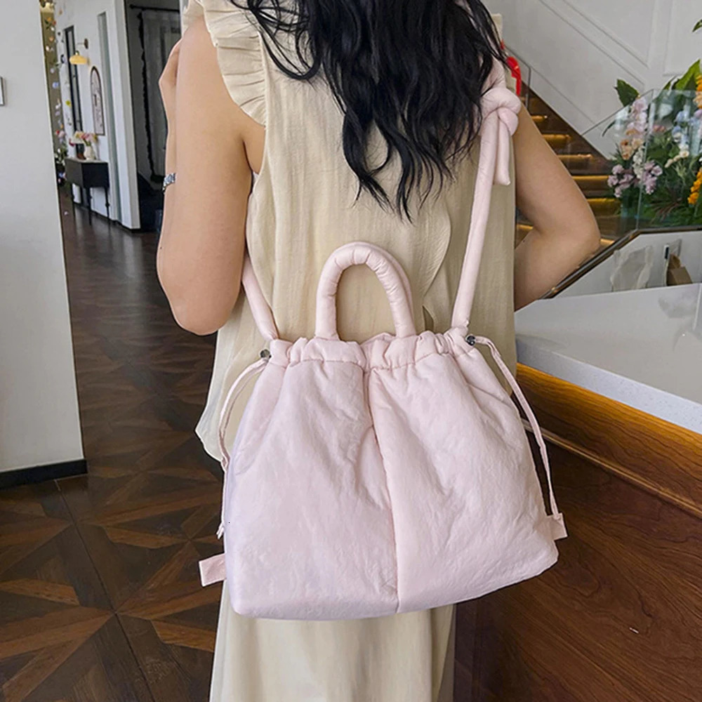 Casual nylon padded tote bag soft puffer women shoulder crossbody bags Simple Vintage large capacity handbags 2024 241011