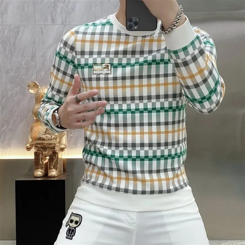 Men Clothing Trendy Plaid Print Business Casual Slim Sweatshirts Male Korean Round Neck Long Sleeve Pullover Tops Sudadera 241011