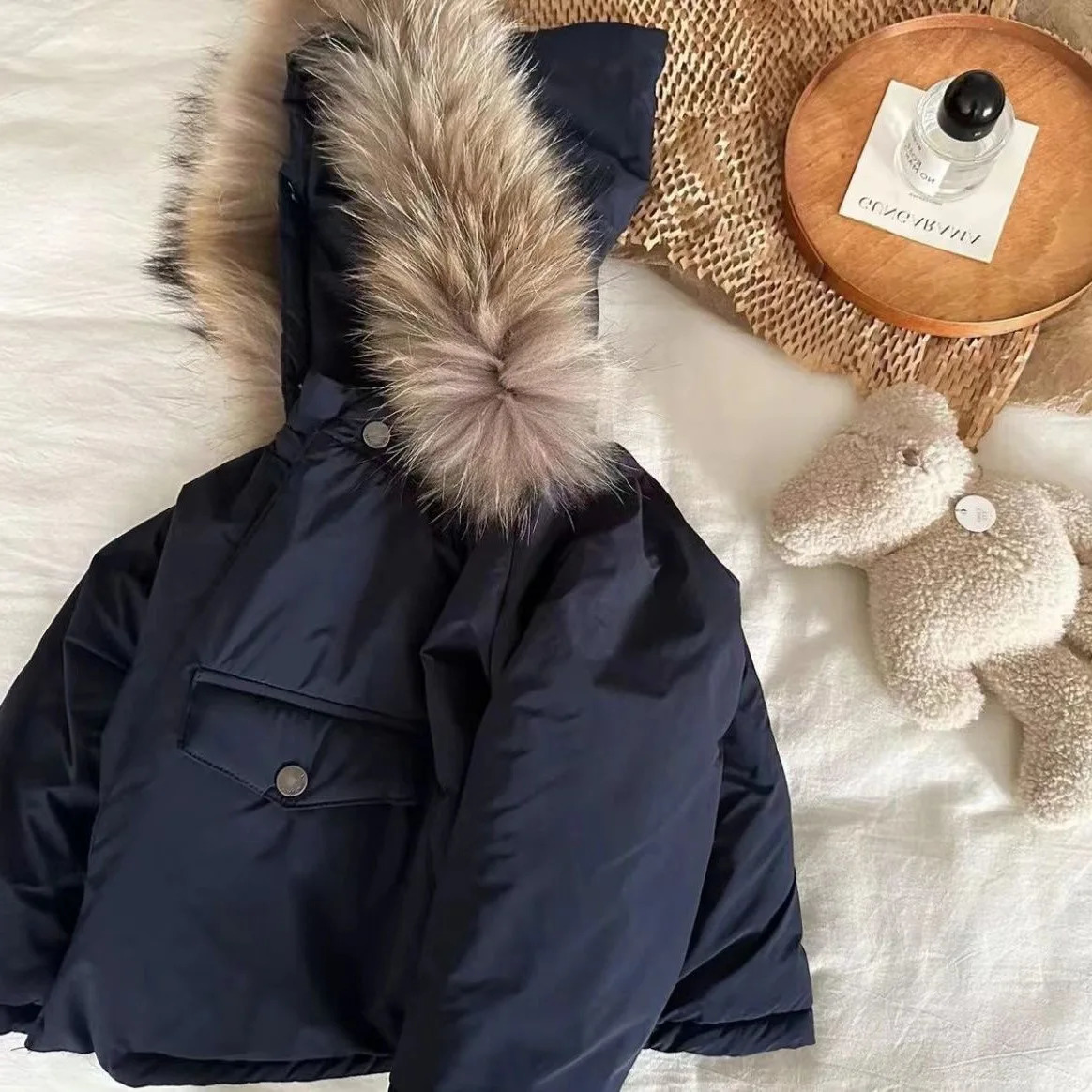 Coat Children Cotton Clothes Winter Boys Girls Fur Collar Hooded Tops Baby Personality Loose 2024 Warm Simple 241011