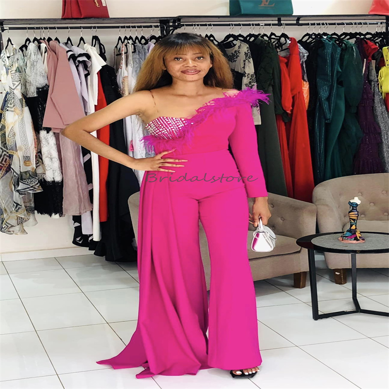 Hot Pink Prom Dresses Jumpsuit Black Girls Feather Evening Dress 2025 Elegant Long Sleeve Satin Beaded Holiday Birthday Party Dress With Train Vestio 