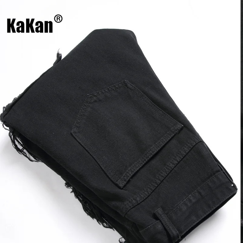 Kakan European and American casual slim fit small leg elastic straight mens jeans black scratch long 9010 241008