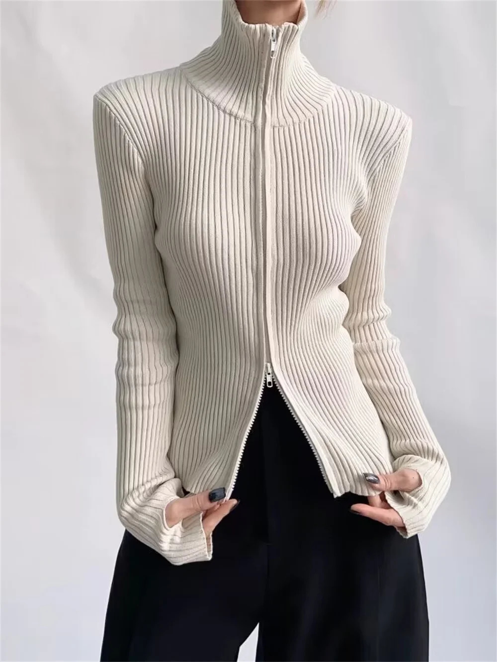 Fashion Korean Spring Women High Elastic Slim Knitted Cardigan Woman Zipper Turtleneck Knitwear Long Sleeve Sweater Coat 241009