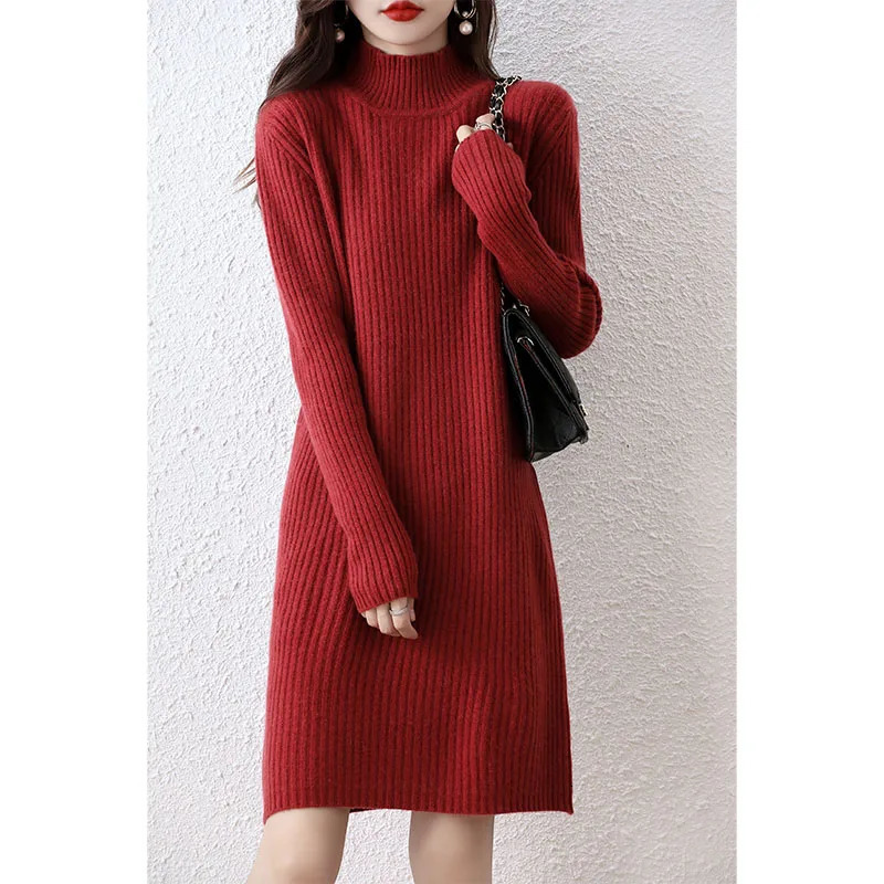 Fashion cashmere sweater womens knitted dress 100% Merino wool turtle neck elegant dress autumn and winter long sleeved short sleeved 241011