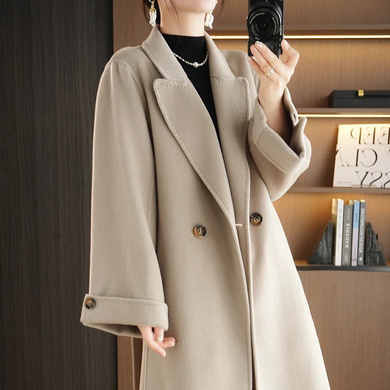 Autumn Wnd Winter Solid Color DoubleSided Wool Coat Womens HighEnd Sense Long Lapel Loose Temperament Woolen 240930
