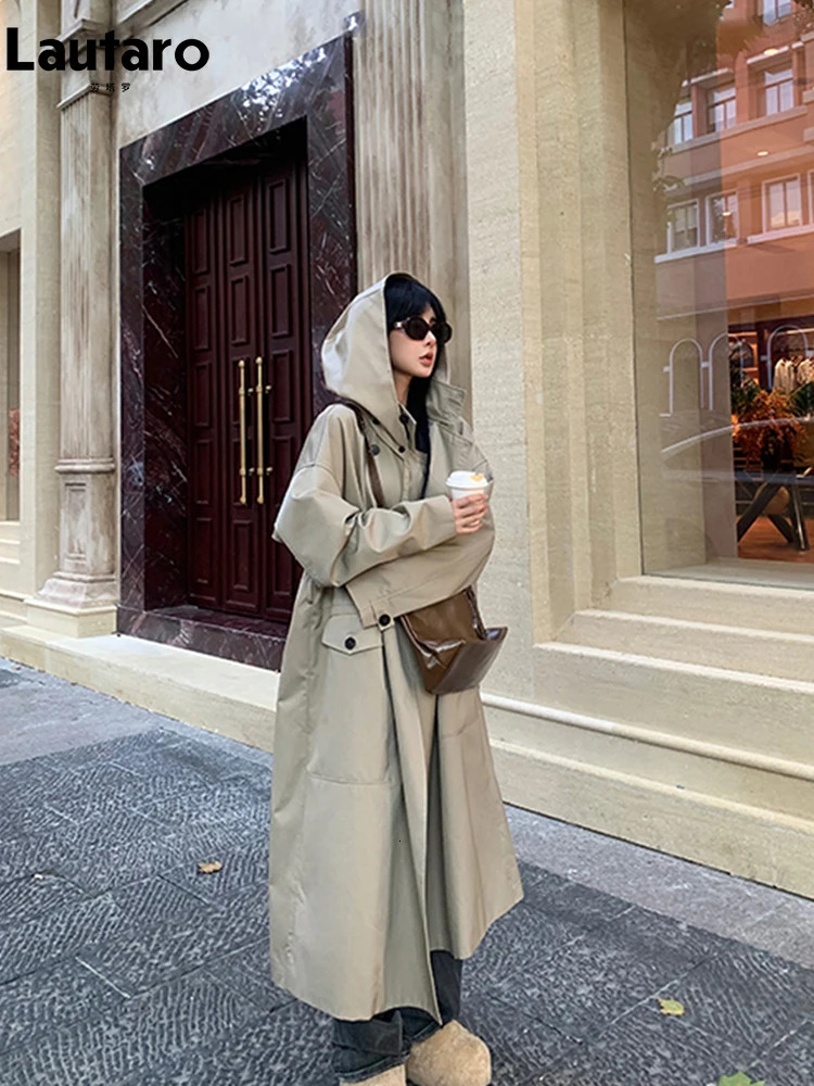 Lautaro Spring Autumn Long Oversized Light Khaki Trench Coat for Women with Hood Double Breasted Loose Casual Overcoat 2024 241008