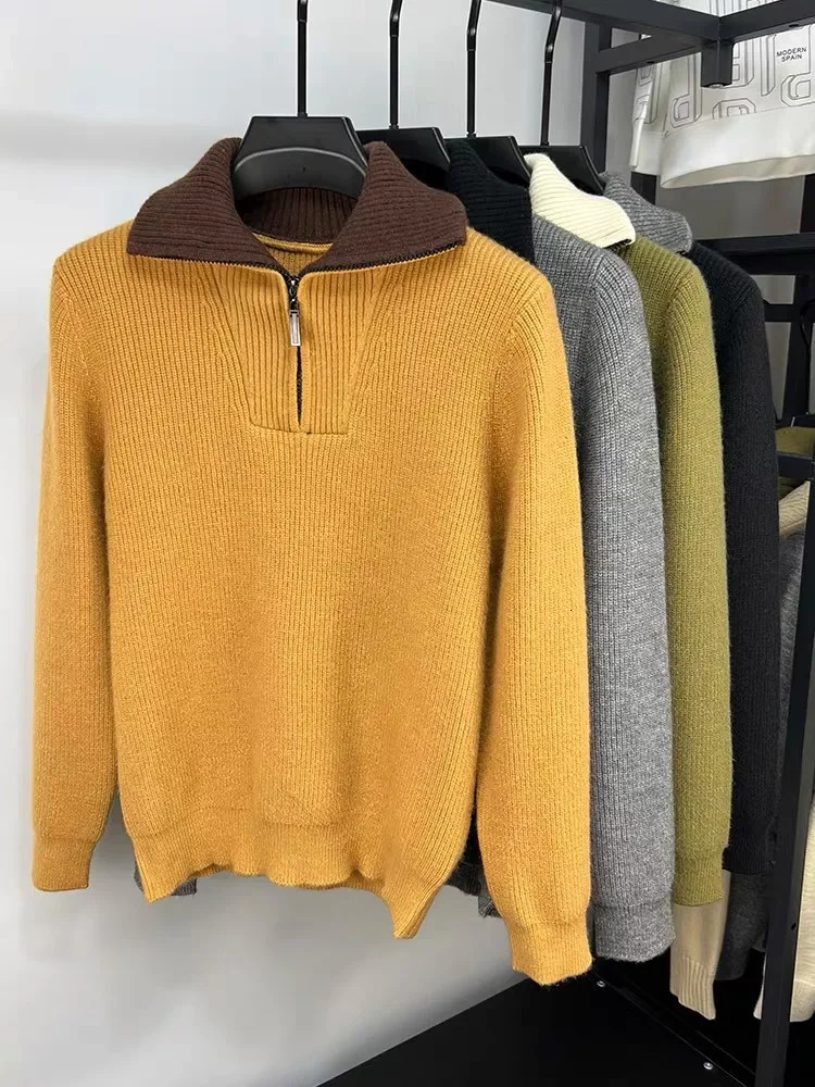 High end fashion mens half zipper sweater for autumn and winter casual fashion thick solid color high neck knitted sweater 241011