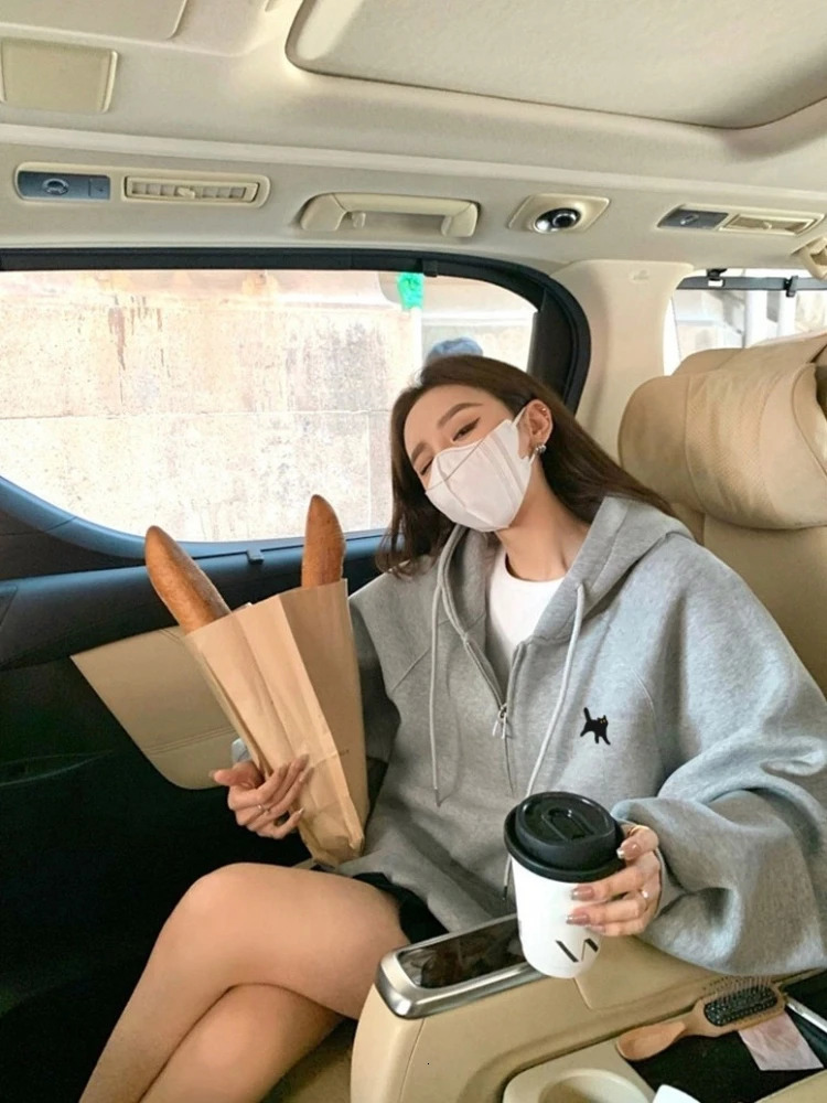 Korobov Grey Half Zipper Embroidered Hoodie Oversized Sports Casual Loose Wool Sweater Korean Fashion Ropa De Mujer 241007