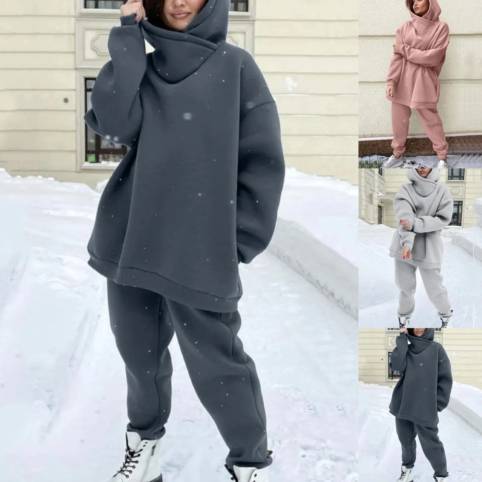 Autumn/Winter Warm Womens Casual Sportswear Solid Color Round Neck Sweatshirt Womens Day Pants Set 2 pieces 241011