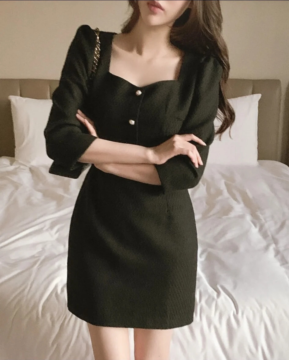 Square neckline coarse tweed puff sleeves mini dress elegant party white body black pink Korean club Vestido Curto Chic Botton autumn 241011