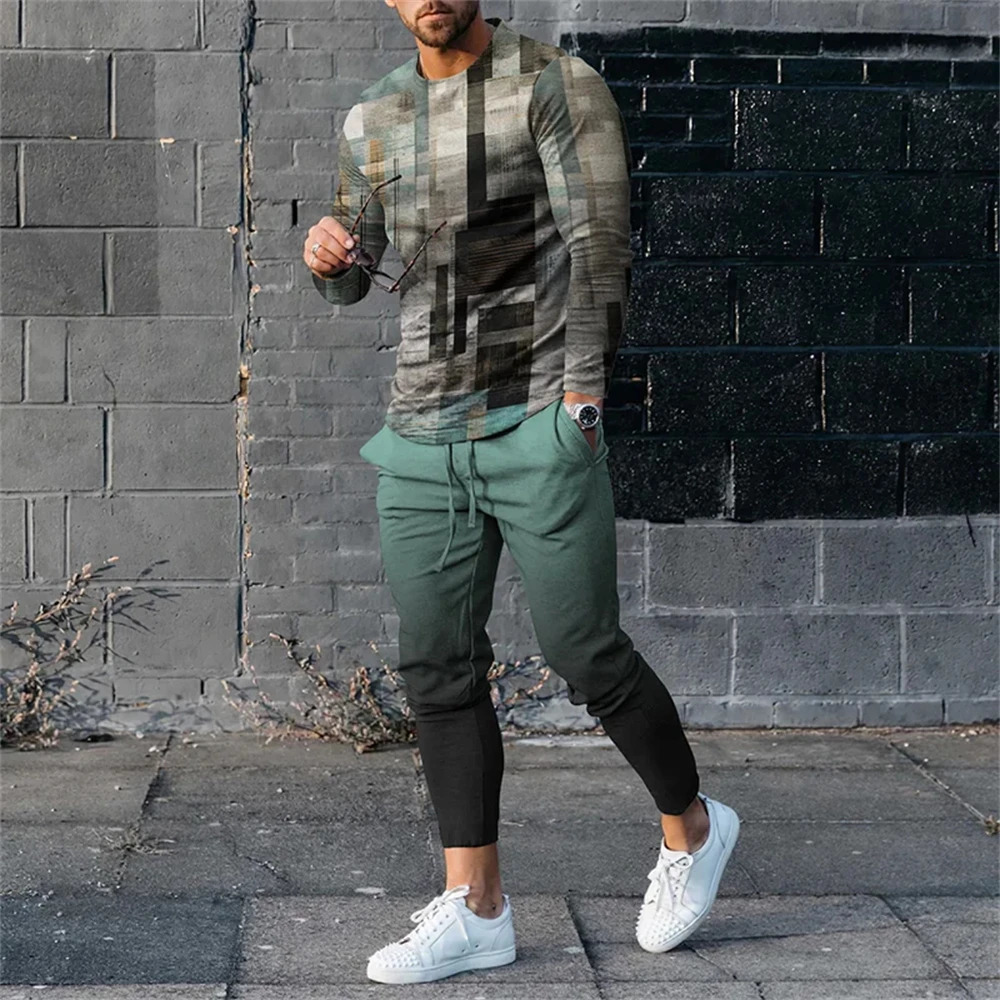 Mens high-quality sleeved mens fashionable summer printed T-shirt long pants 2PCS set clothing sportswear 240930
