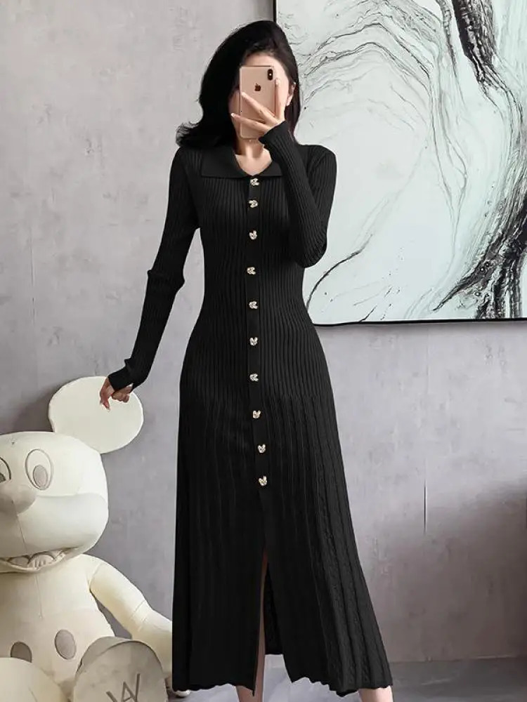 Autumn Womens Black Rice Single Chest Knitted Long Skirt Green Elegant Office Womens Long Sleeve Folded Dress Trend 241011