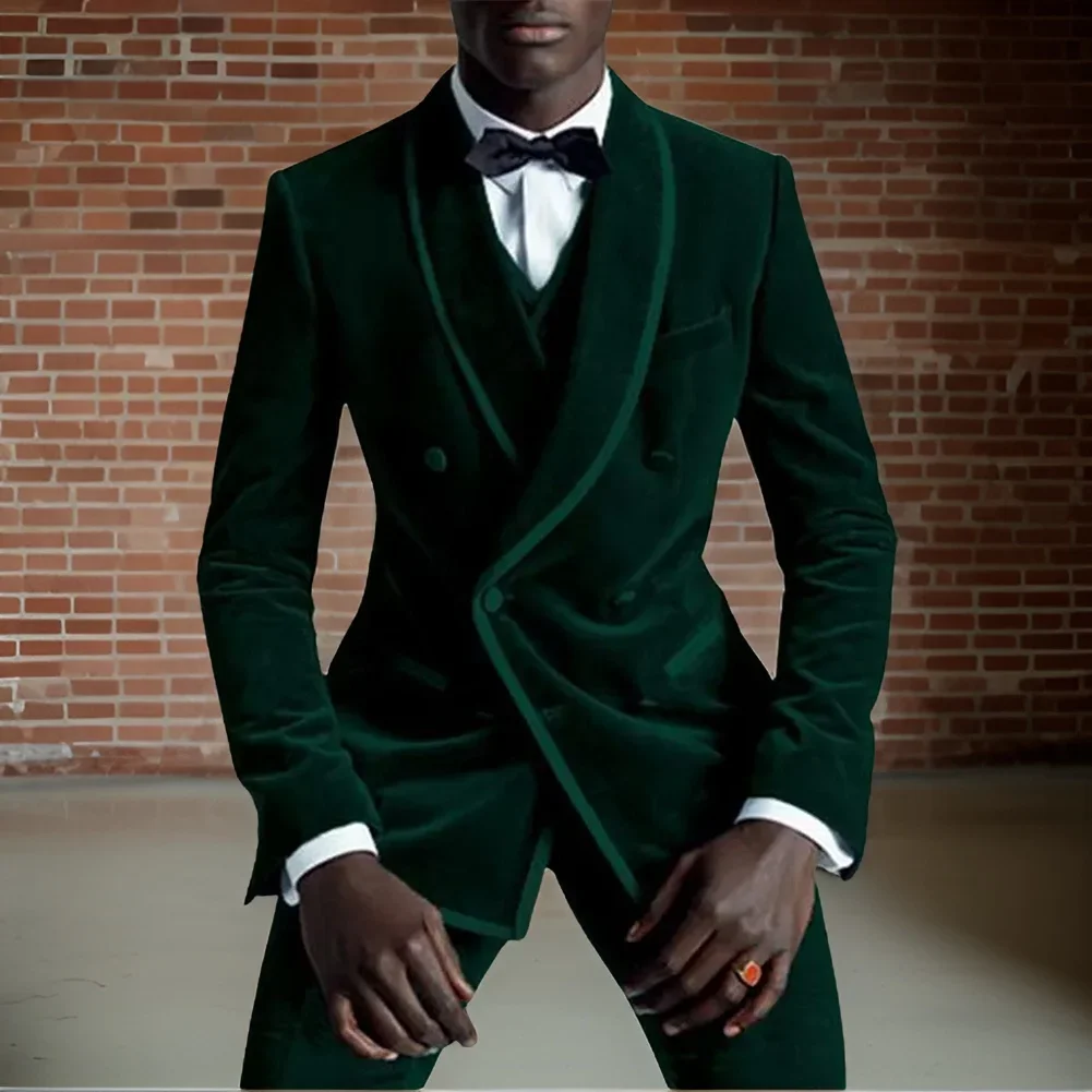Double Breasted Men Suits Slim Fit Velvet Wedding Tuxedo for Prom Stage 3 Pcs Male Smoking Jacket with Vest Pant 2024