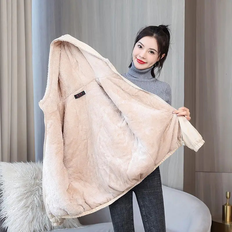 Womens Fleece Coat Winter Warm Thicken Solid Windbreaker Hooded Cotton Plush Jackets Casual Outdoor Windproof Jacket 241011