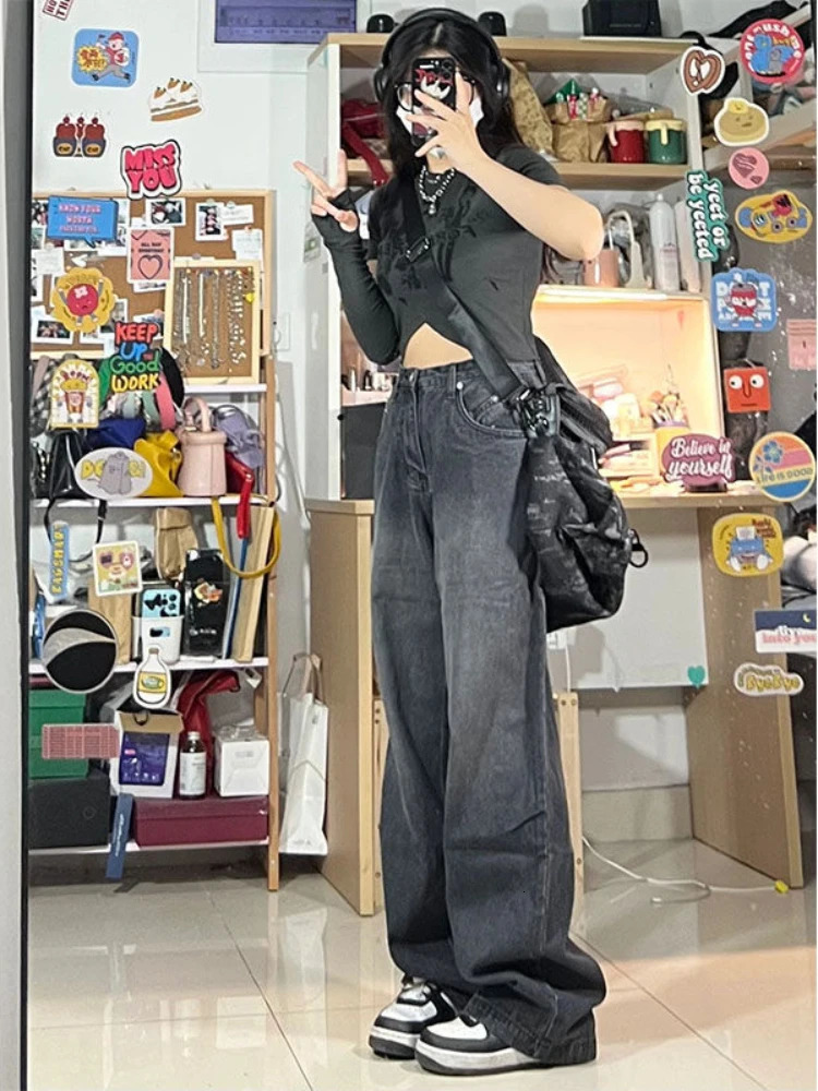 QWEEK Vintage Black Baggy Jean Korean Streetwear Oversize Harajuku High Waist Pants Grunge Y2K Denim Wide Leg Trousers 241007