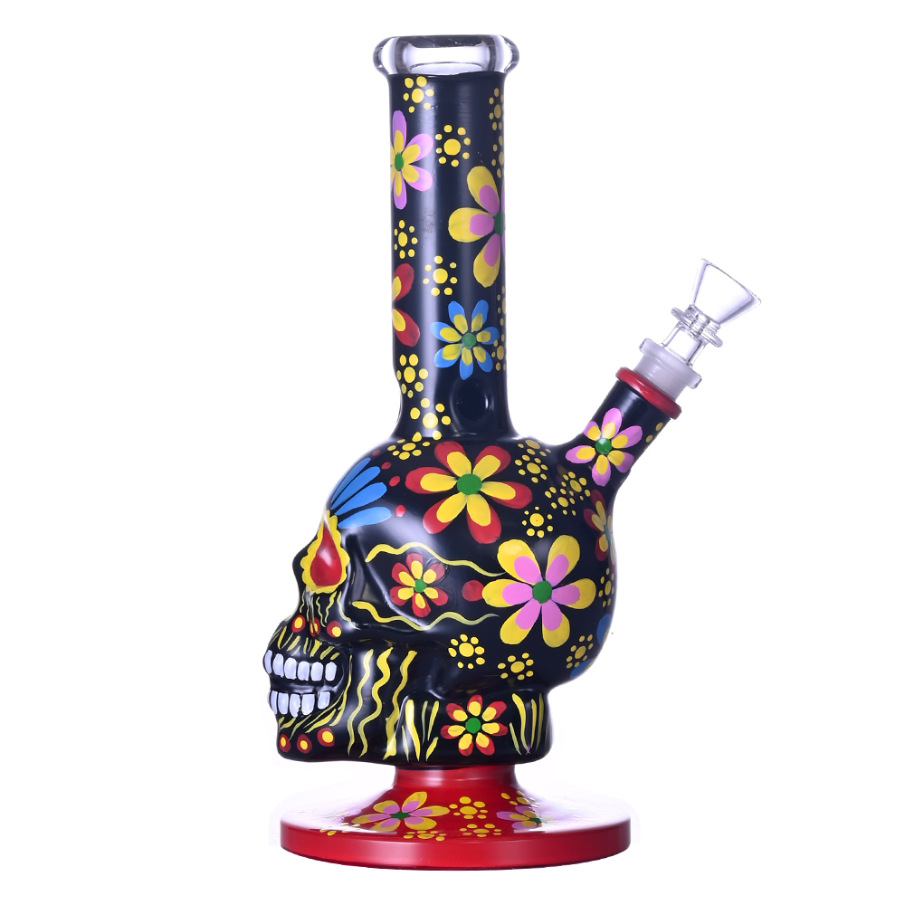 10.4in HippiesGlass,Hand Drawn Human Skeleton & Colored Flowers Glass Beaker Bong,Cute Halloween Bong,Borosilicate Glass Water Pipe,Glass Hookah,Smoki
