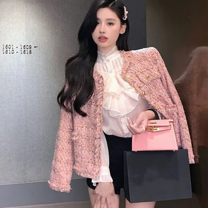 Rimboy elegant pink tweed cut jacket for womens autumn fashion long sleeved jacket for womens round neck social style party jacket 240930