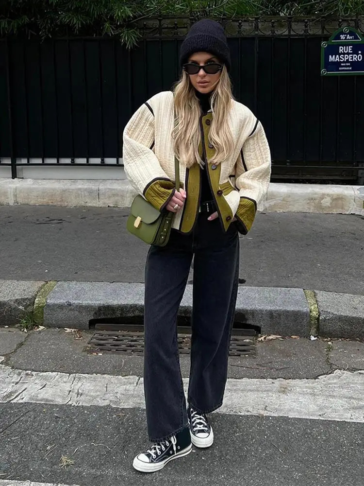 Women Chic Contrast Patchwork Cotton Jacket Elegant Stand Collar Single Breasted Pockets Coat Fall Winter Lady Outwear 241011