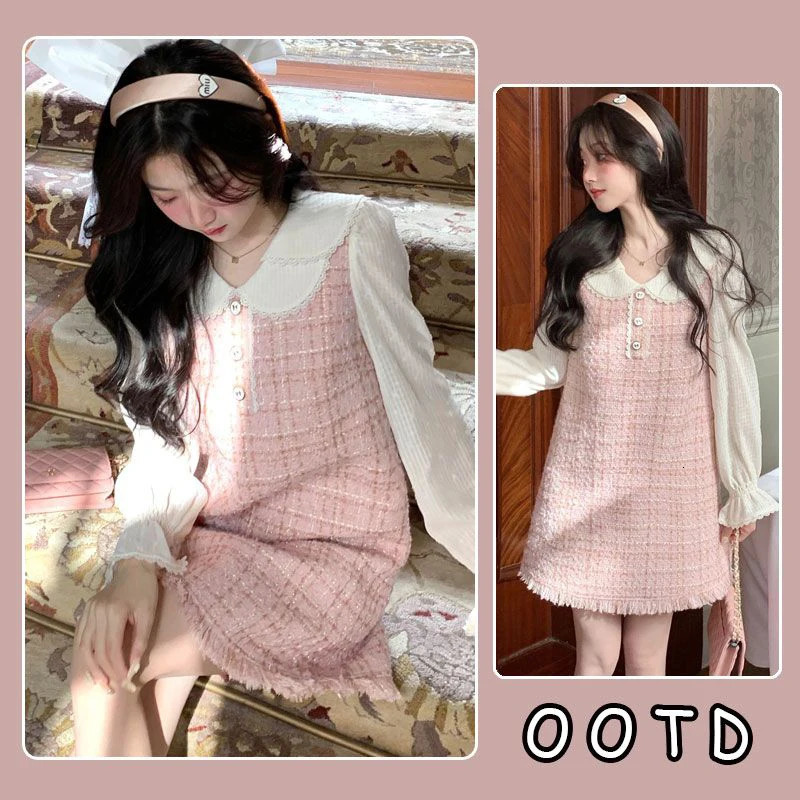 Korean style elegant womens party dress Kawaii Sweet Skirt pink tweed two sets holiday clothing spring summer 241011