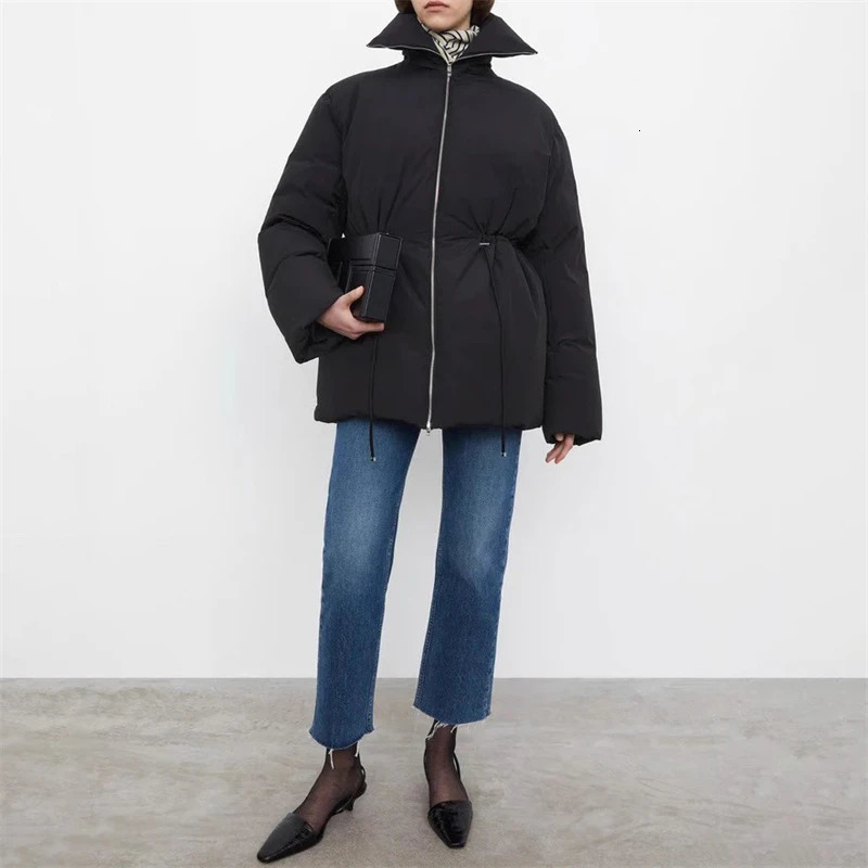 Winter Womens Black Brushed Waist Stand up Down Jacket Y2K High Quality Casual Thick Warm Jacket 241009
