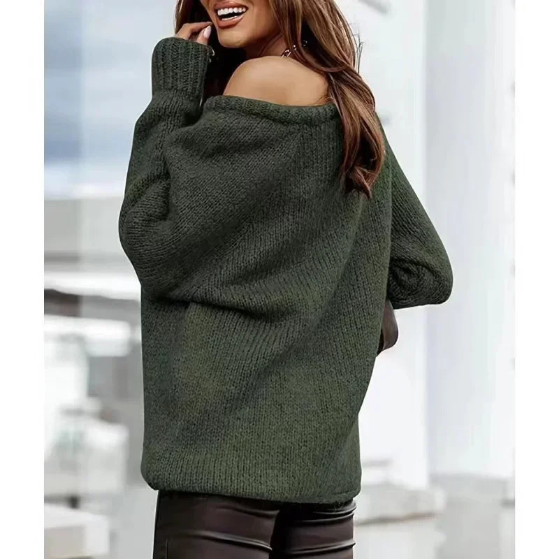 2024 Women Sweater Jumper Long Sleeve Off Shoulder Pullover Sweater Autumn Winter Solid Color O-Neck Knitted Top Elegant Chic 241010