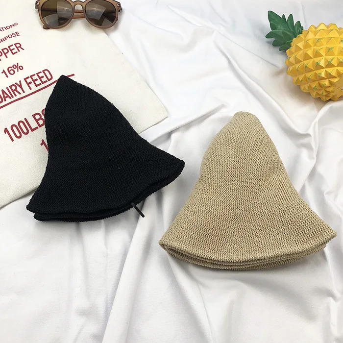 Fashion Bucket Hat Summer Hollow Knitted Solid Color Sunhat Fishermans Casual Folding Beach 241009