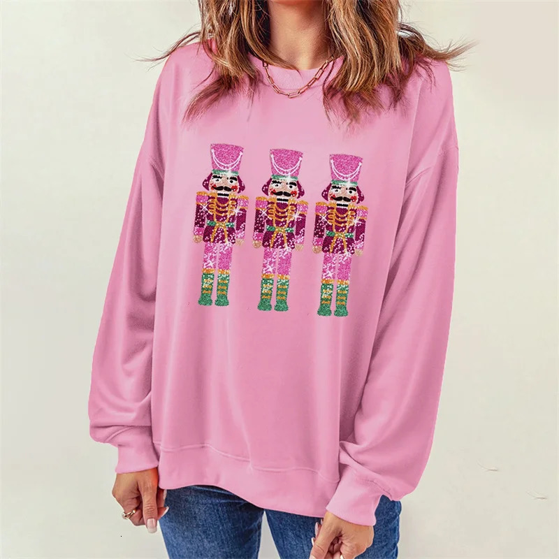 2024 Women Christmas Fashion Sequin Sleeve Top Sweatshirt Ladies 2024 Year Nutcracker Crew Neck Sweatshirt For Women 241011