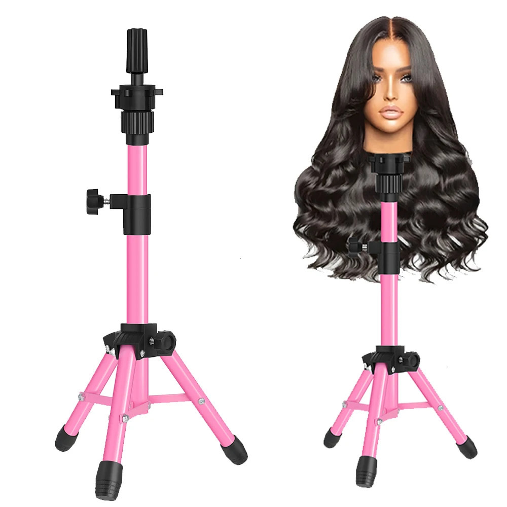 Mini Wig Mannequin Head Stand 64cm Adjustable Wig Head Stand Tripod Black Pink Training Head Holder Tripod 241010