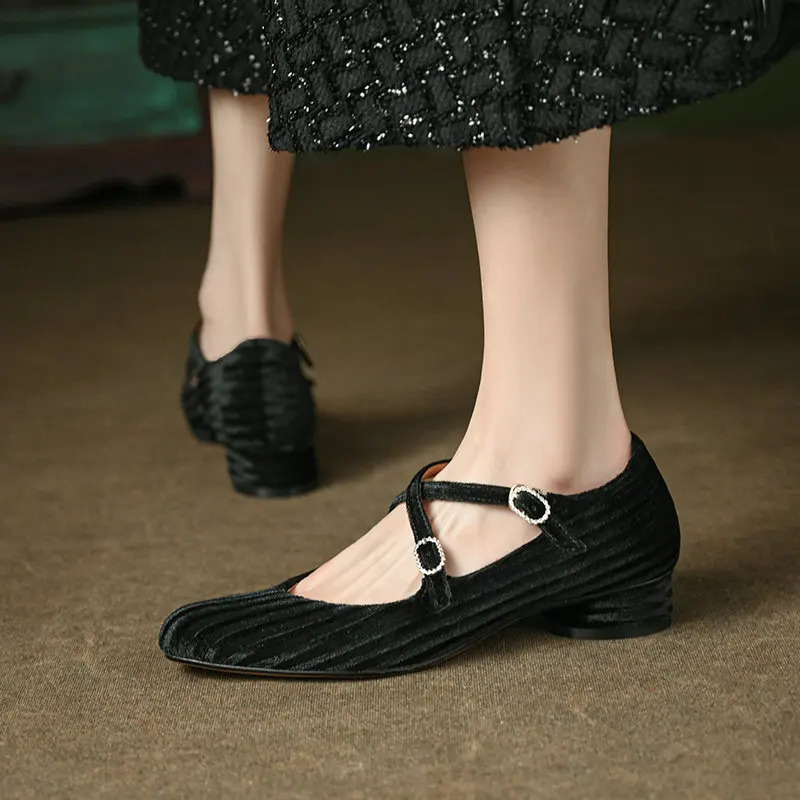 Velour Velvet Good Quality Women Med Round Heels Olive Army Green Cross-strap Vintage Retro Lady Mary Janes Pumps Office Shoes 241010