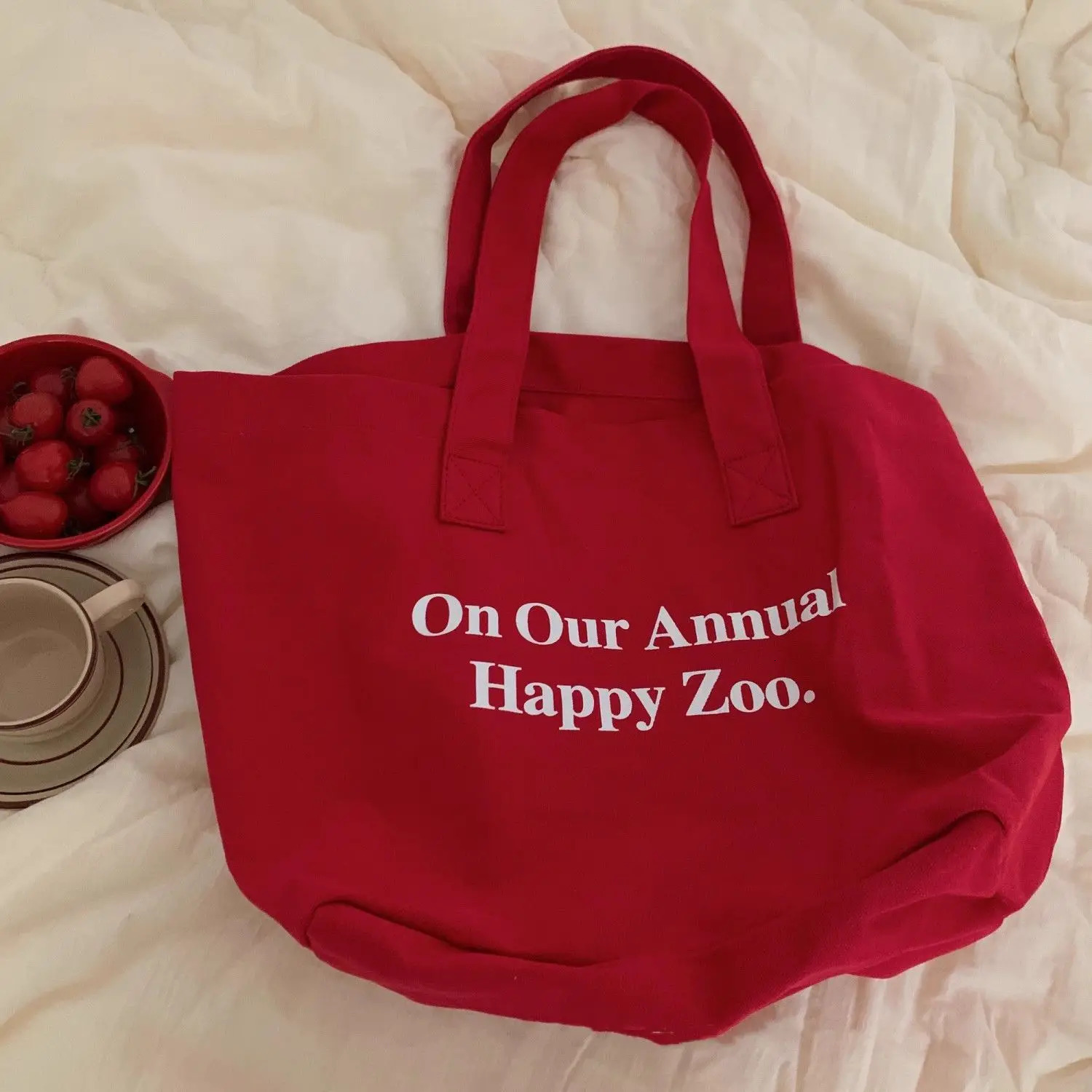 Korean shoulder bag letter school commuting shopping bag eco-friendly bag casual canvas red womens handbag 241008