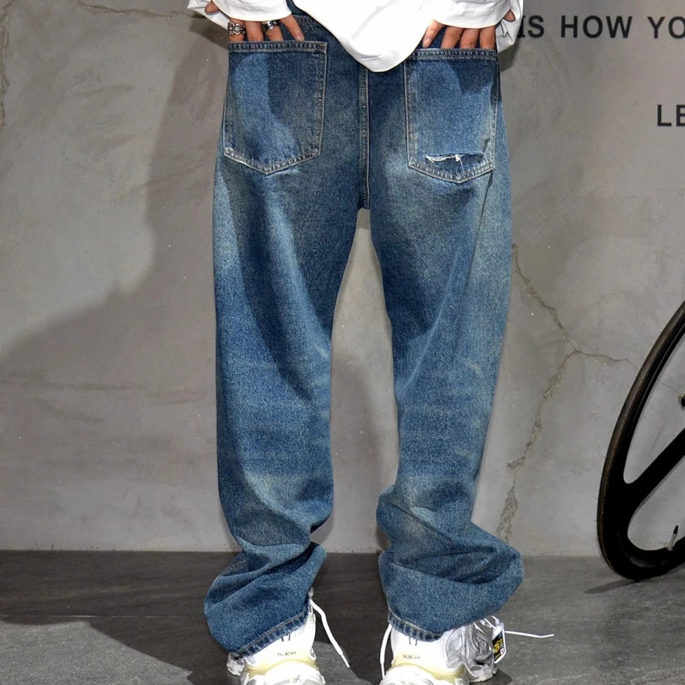 American retro blue ripped pocket jeans streetwear skateboarding denim pants mens clothing Harajuku fashion casual 241008