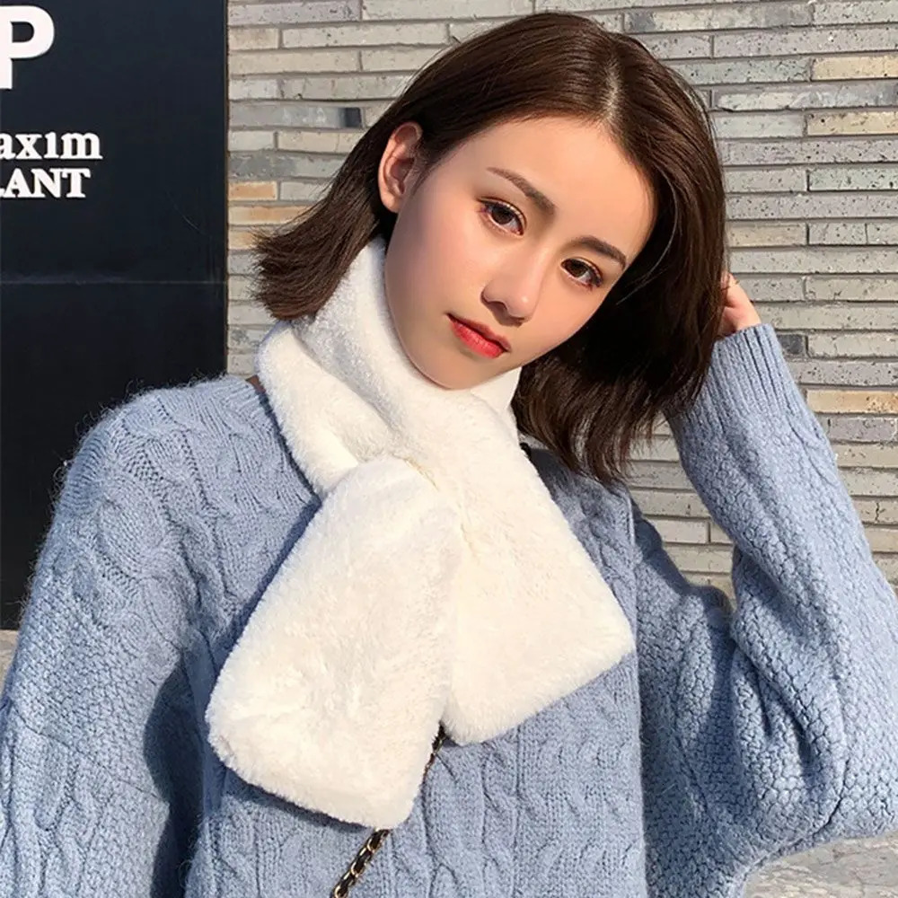 Women Winter Warm Thicken Cross Collar Scarf Solid Color Faux Rabbit Fur Plush Elegant Shawl Scarfs 241009
