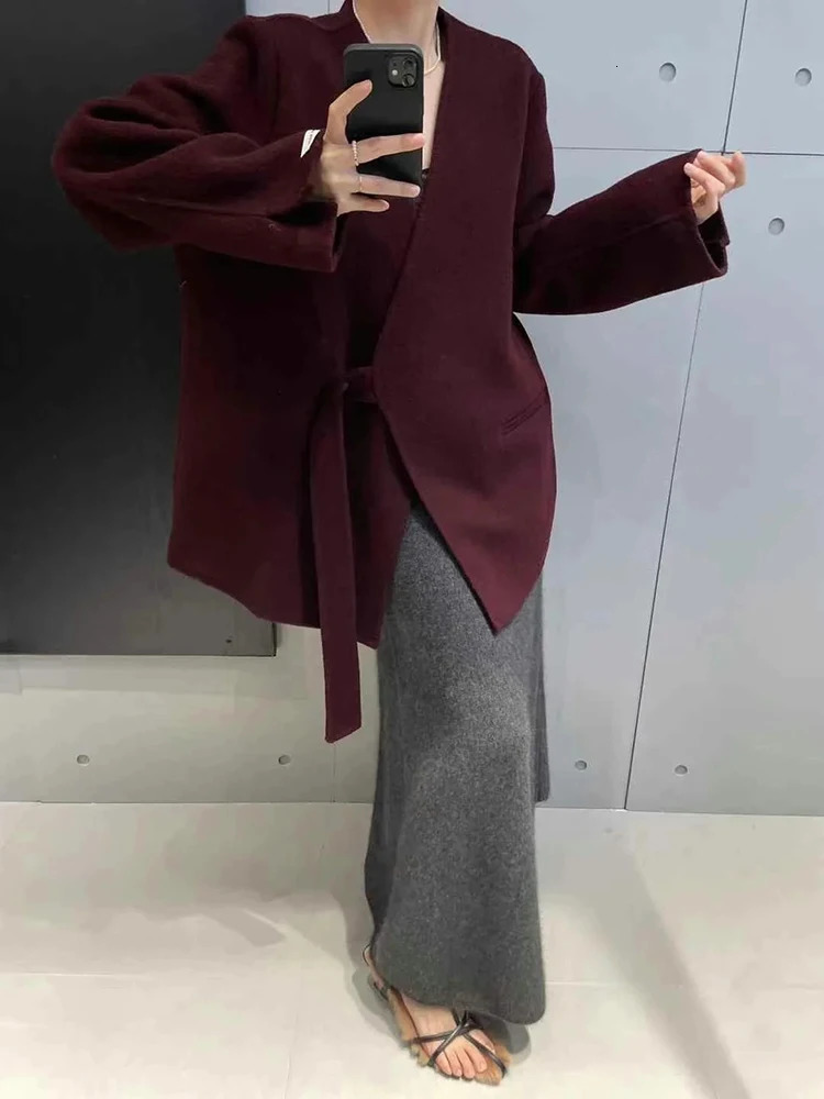 TWOTWINSTYLE Solid Patchwork Pockets Elegant Coats For Women V Neck Long Sleeve Spliced Button Loose Chic Jackets Female Fashion 241011
