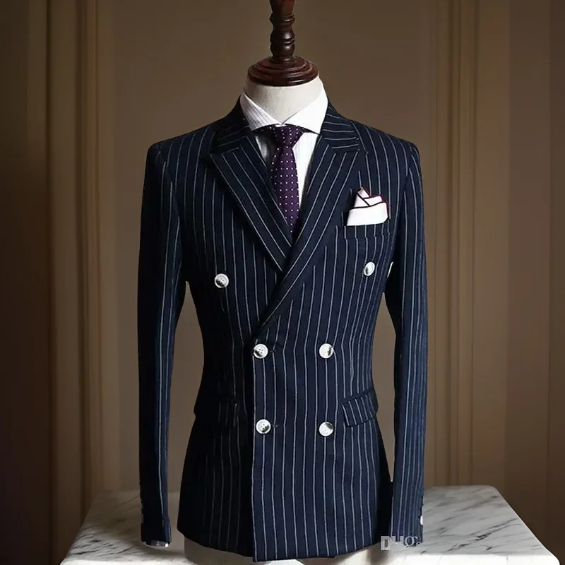 Stripe Formal Men Suits for Business 2024 Double Breasted Peak Lapel Groom Wedding Tuxedo 2 Pcs Navy Blue Fashion (Jacket+Pants)