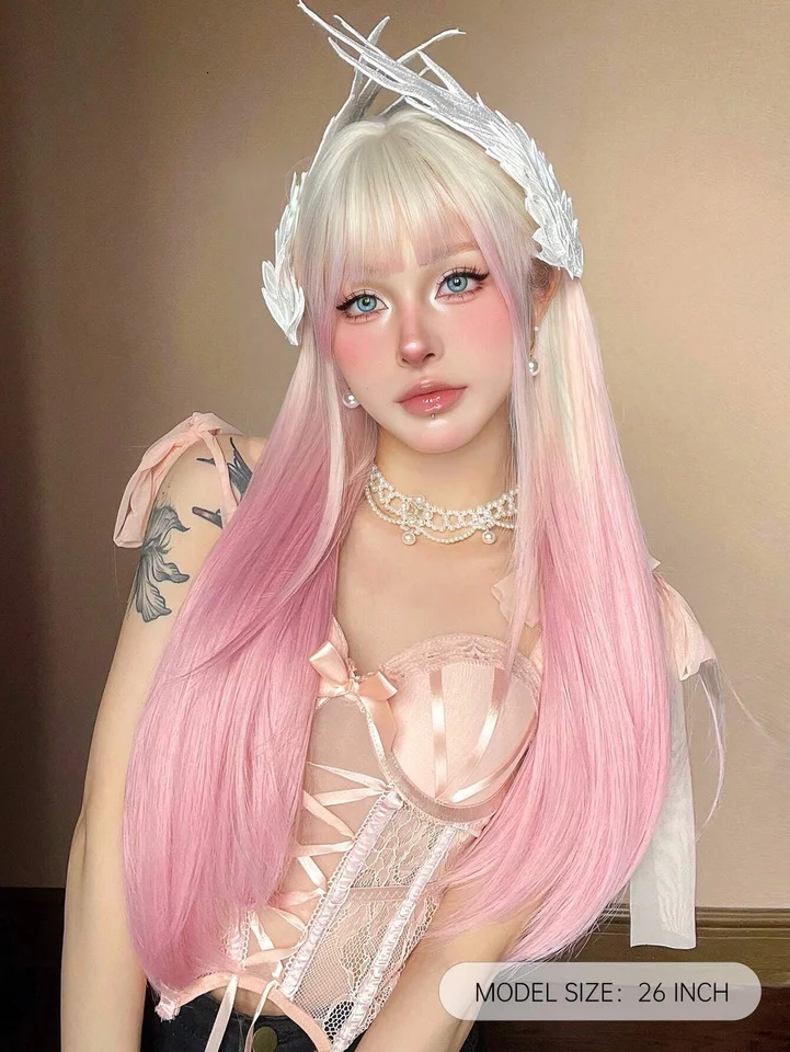 GEMMA Ombre Light Pink blonde long straight wig synthetic colored Lolita cosplay hair wig with bangs suitable for womens heat-resistant 241011