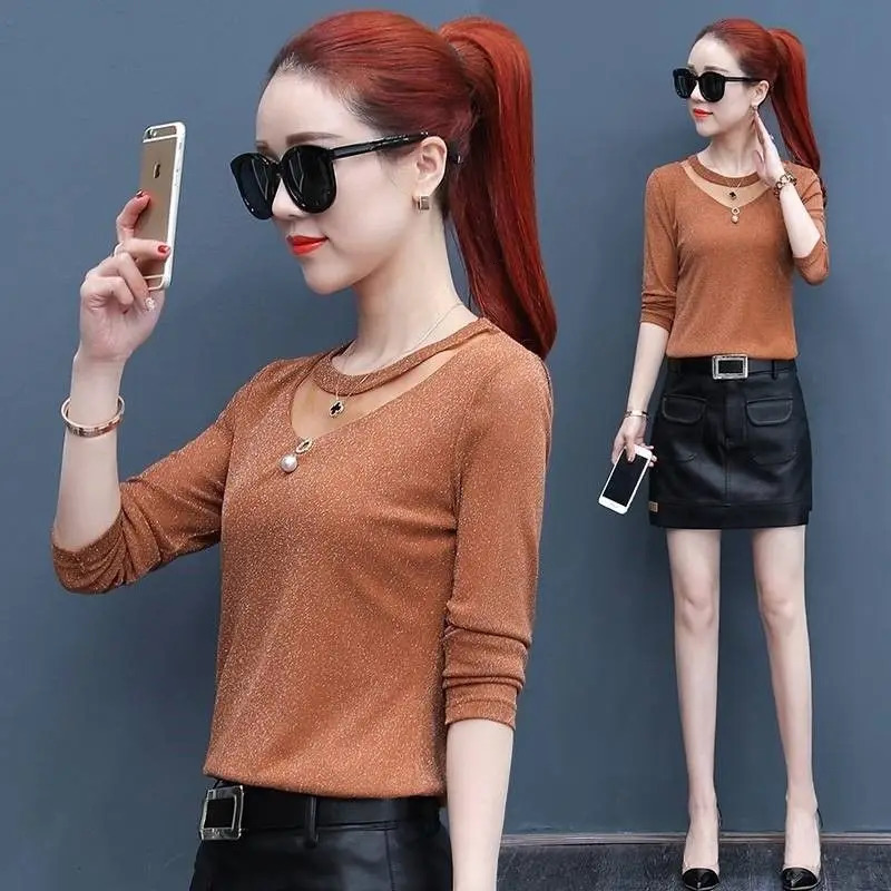 Net Yarn Patchwork Slim Bottoming Shirt Spring Long Sleeve Solid Color Hollow Out T Tops Elegant Vintage Women Clothes 241011